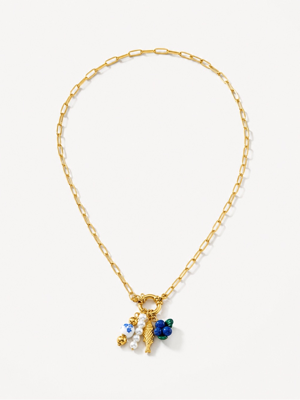 Paperclip Gold Chain Necklace with Fish/Blue Charms